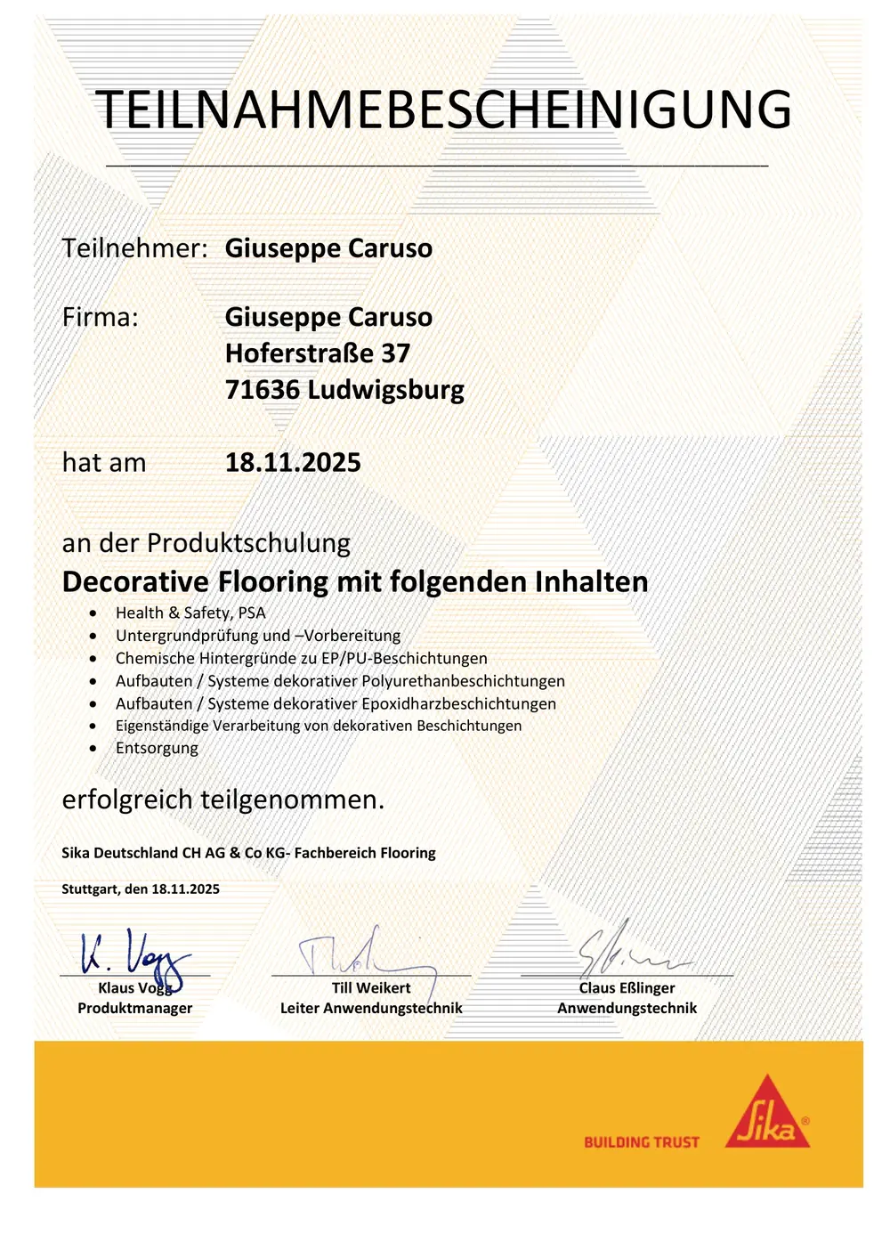 Sika-Teilnahmebescheinigung Betoninstandsetzung und Oberflächenschutz